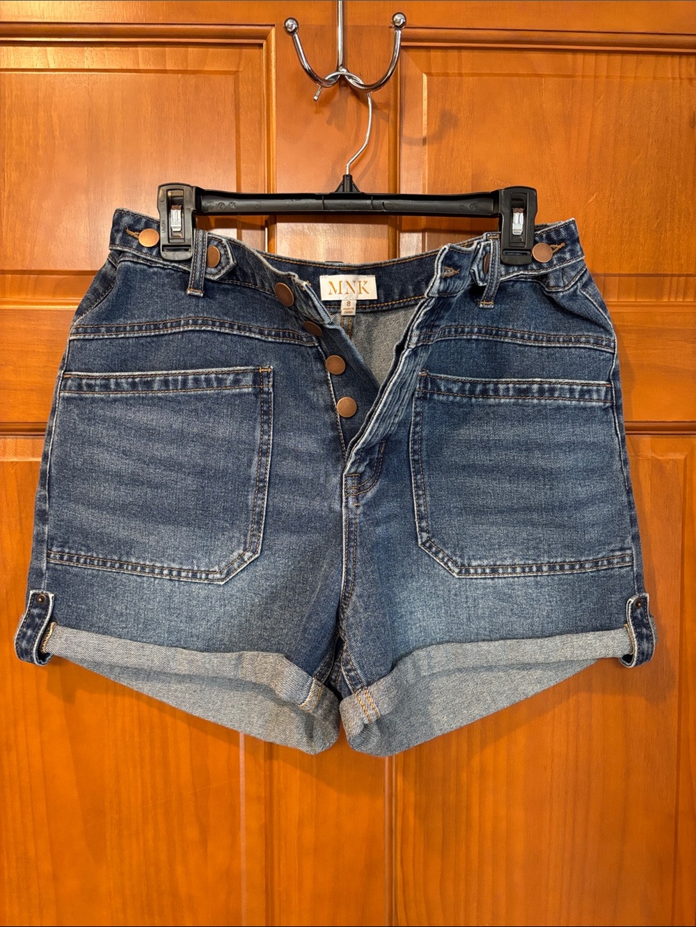 MNK Mid-Rise Dark Blue Denim Jean Shorts with Cuffed Hem